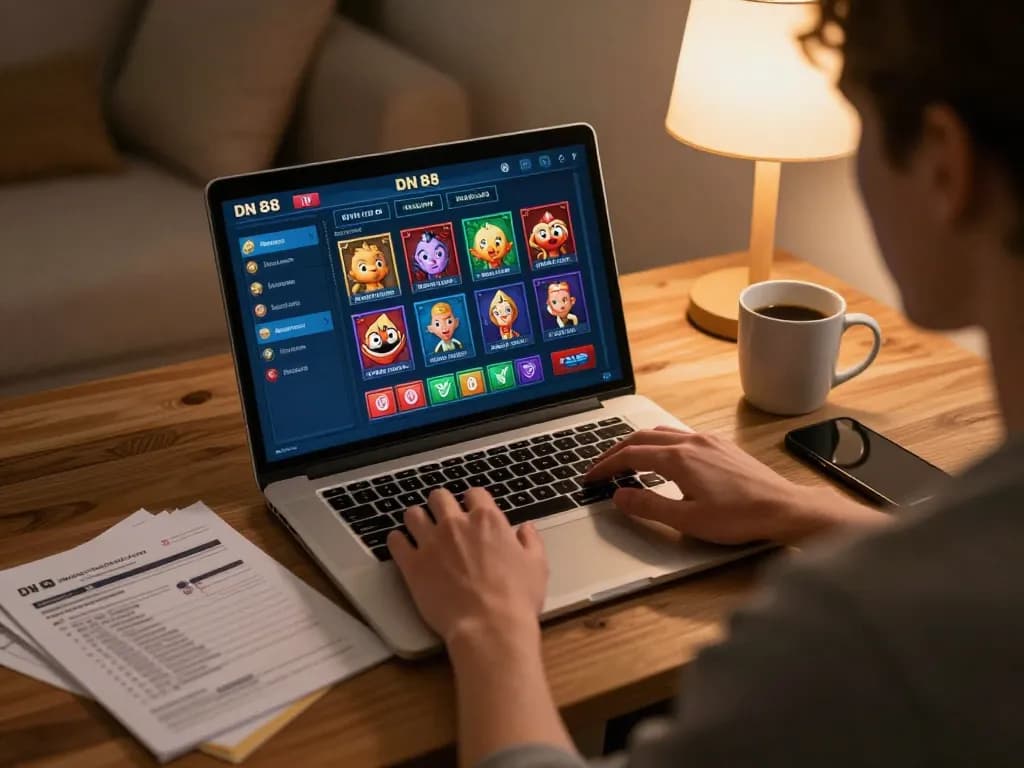 Person strategizing and playing on DN 88 online casino in a comfortable home setting