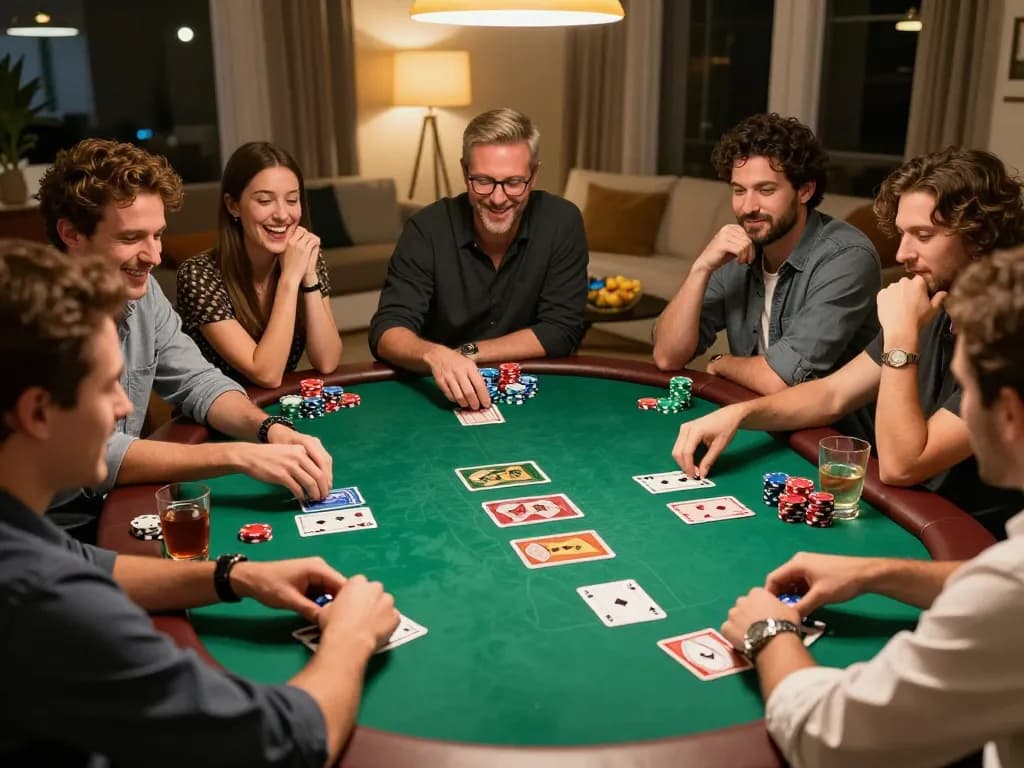 Friends enjoying a competitive home poker night with king79-themed chips and vibrant community cards on the table in warm lighting.