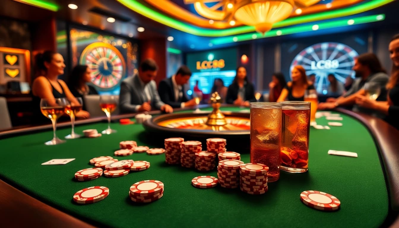 High-stakes poker night at a luxurious casino featuring LC88 branding on the table.