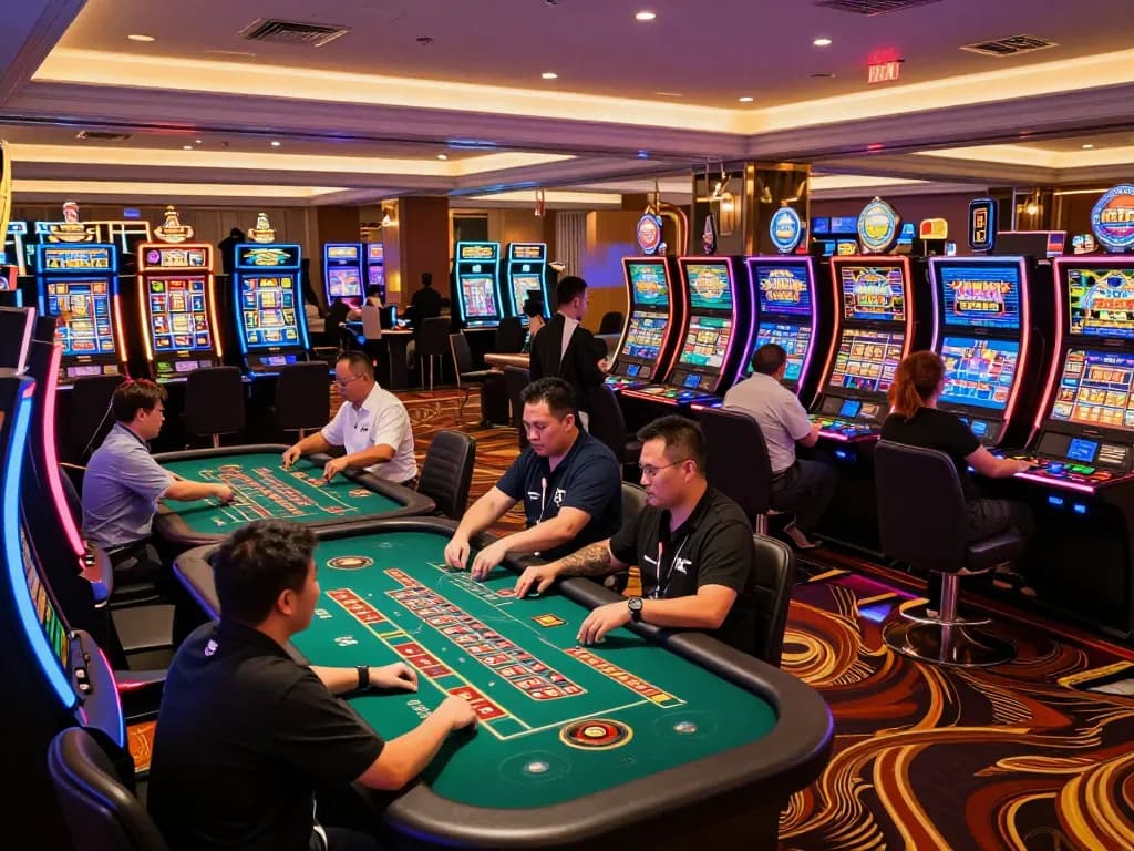 Players experiencing vibrant gaming action at XX88 casino, showcasing engaging slot and table games in a lively atmosphere
