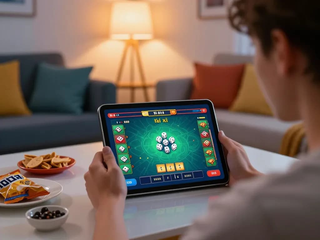 Engaging with tài xỉu online game at home, showcasing intense gameplay and strategic betting.
