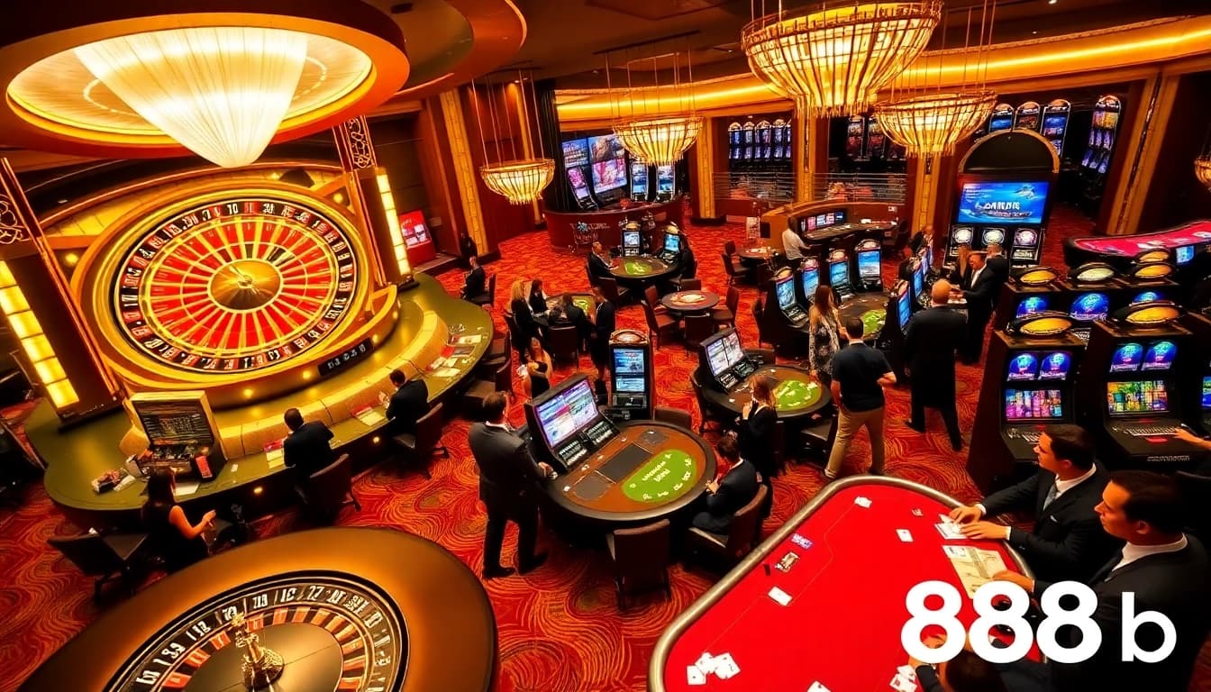 Players enjoying high-stakes games at 888b luxury casino tables filled with poker chips and cards.