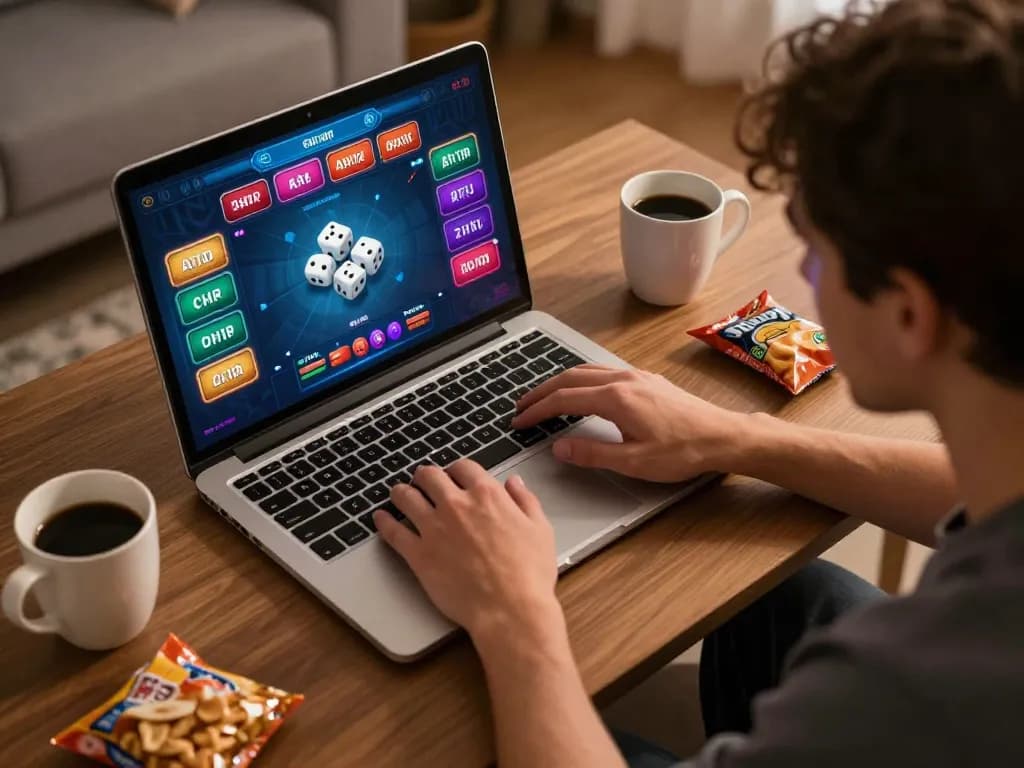 Engaged player enjoying taixiuonline with laptop showing live game interface in a comfortable home setting.