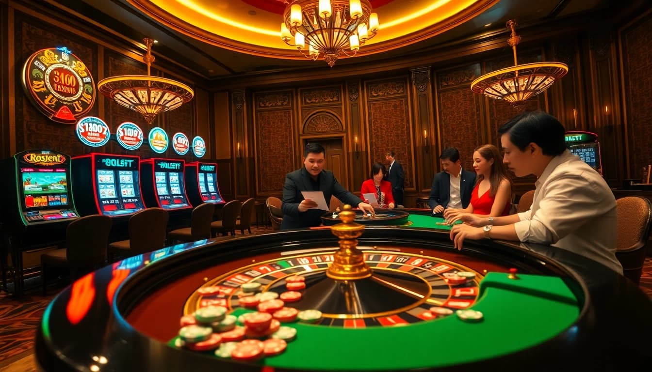 Engage in thrilling games at nn88's luxurious casino environment with roulette and poker.