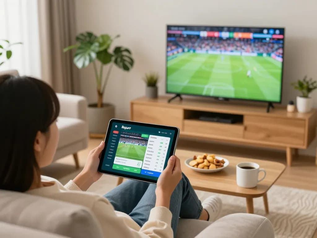 Person engaging with Bsport app for live sports betting during a thrilling game night at home.