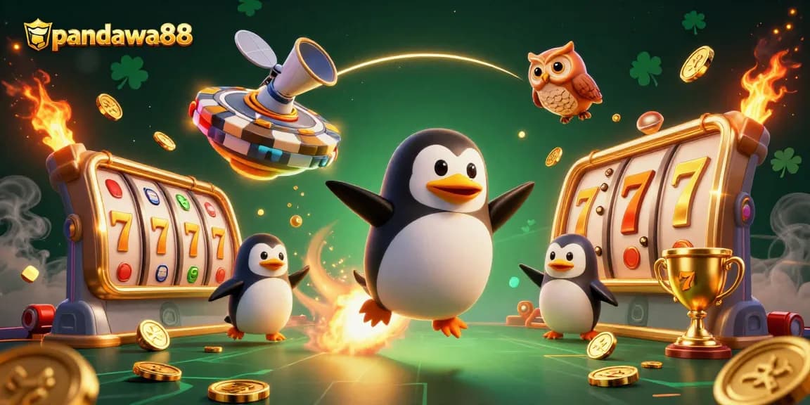 Pandawa88 showcases a lively casino scene with a golden penguin and slot reels among glowing coins and trophies.