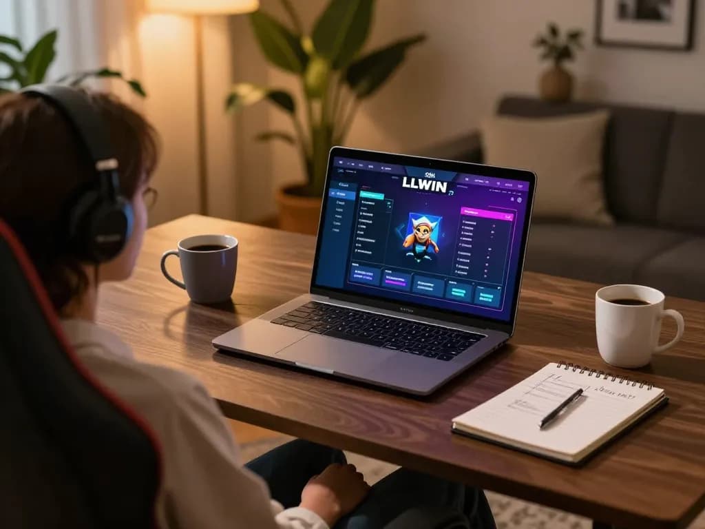 Engaging in strategic online gaming at home with LLWIN COM interface visible on the laptop screen.