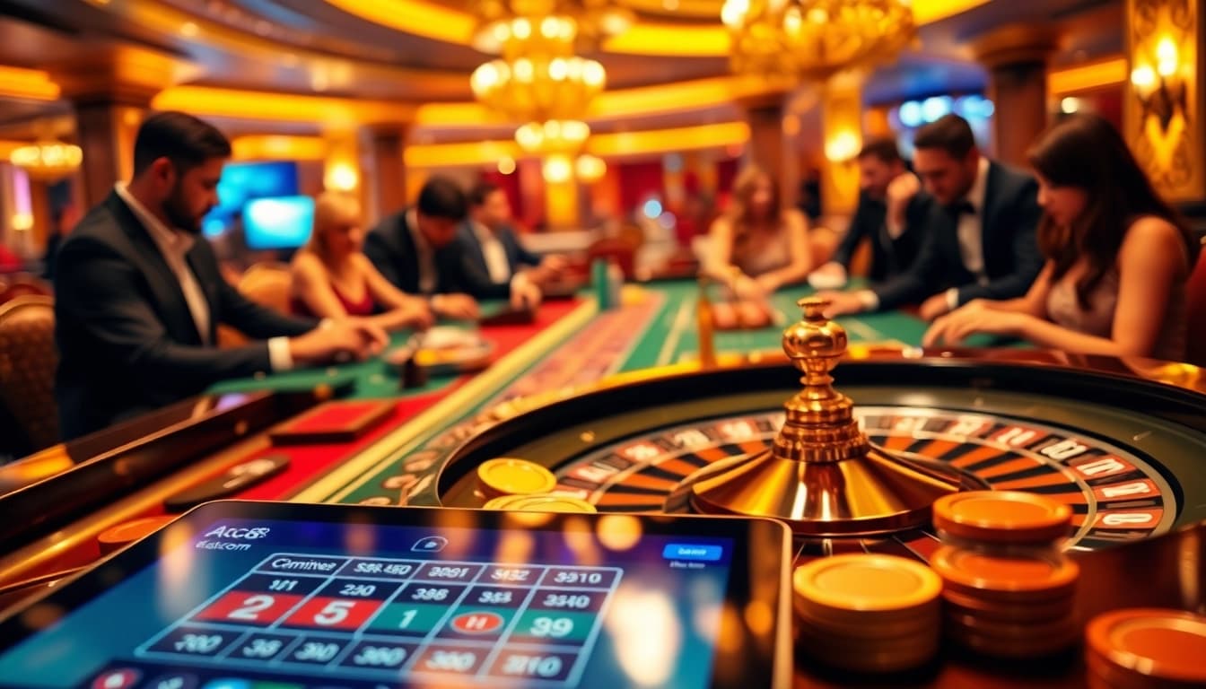 Engaged players placing bets at the ABC8 com roulette table in a glamorous casino setting.