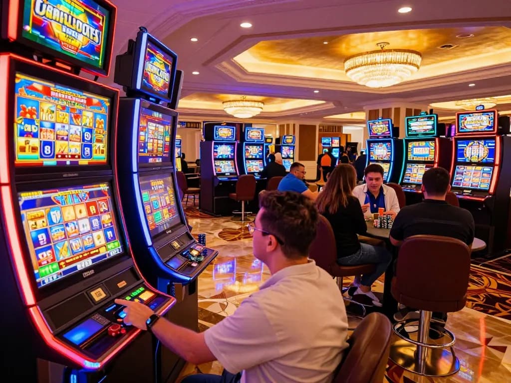 Excited player engaging with slot machines at 33WIN casino, showcasing vibrant environment and gaming action.