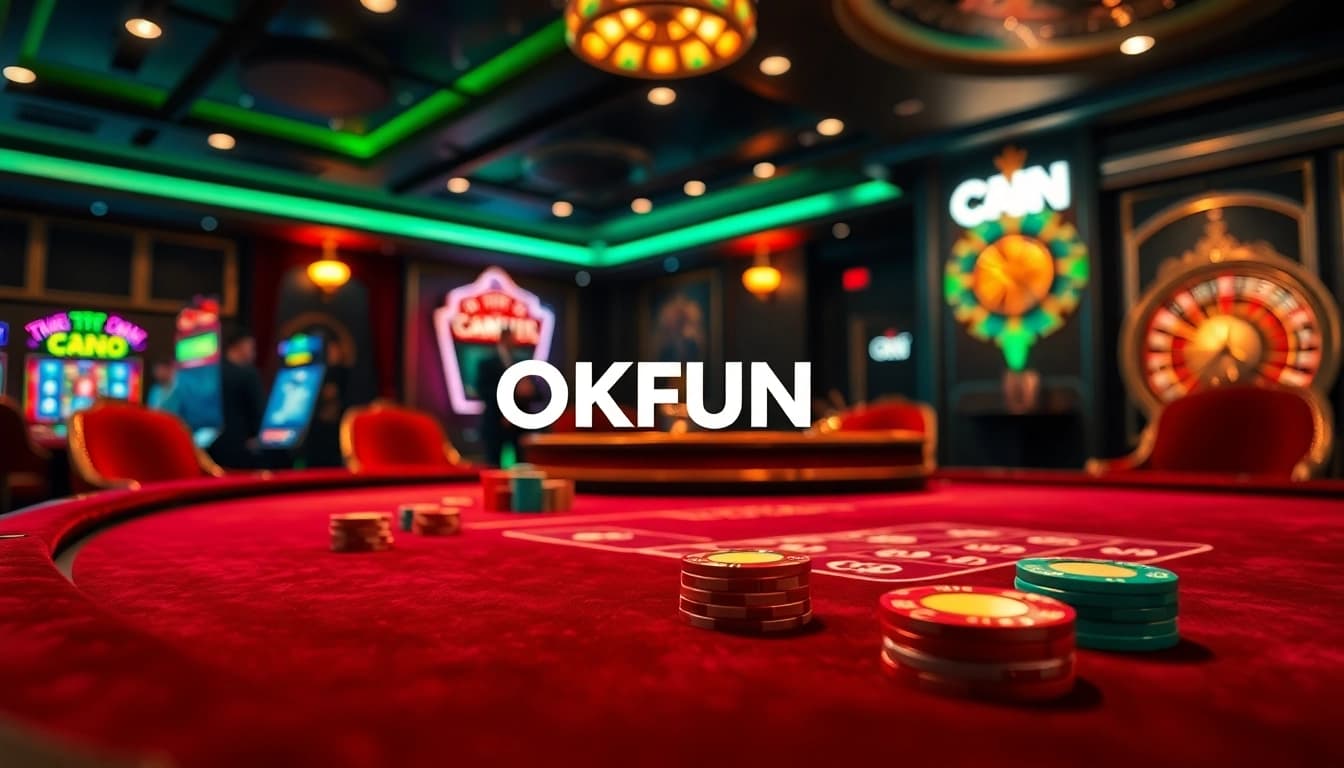 Engaging players at an upscale casino table showcasing OKFUN's thrilling gambling experience with vibrant colors.