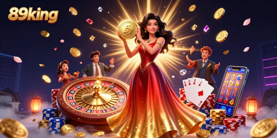Engage with interactive gameplay at 89king, featuring a stunning Asian woman celebrating a big win with gold coins cascading around her.