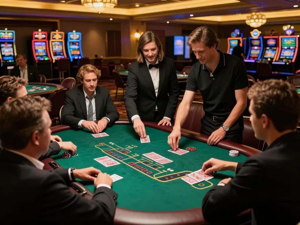 Players strategizing at a blackjack table in an upscale casino, showcasing TA88 gaming excitement