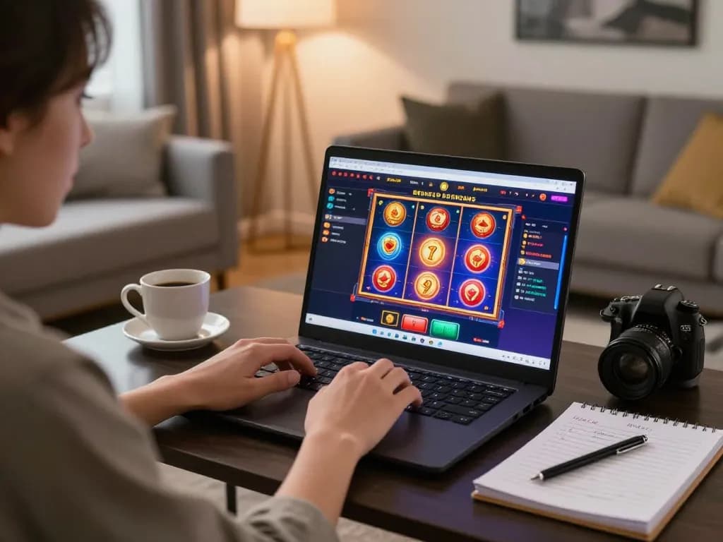 Nohu player engaging with vibrant online slots on laptop in cozy gaming setup