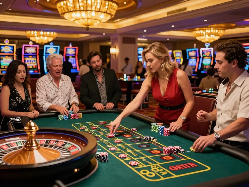 Players engaging in strategic bets at OKFUN roulette table under warm lighting