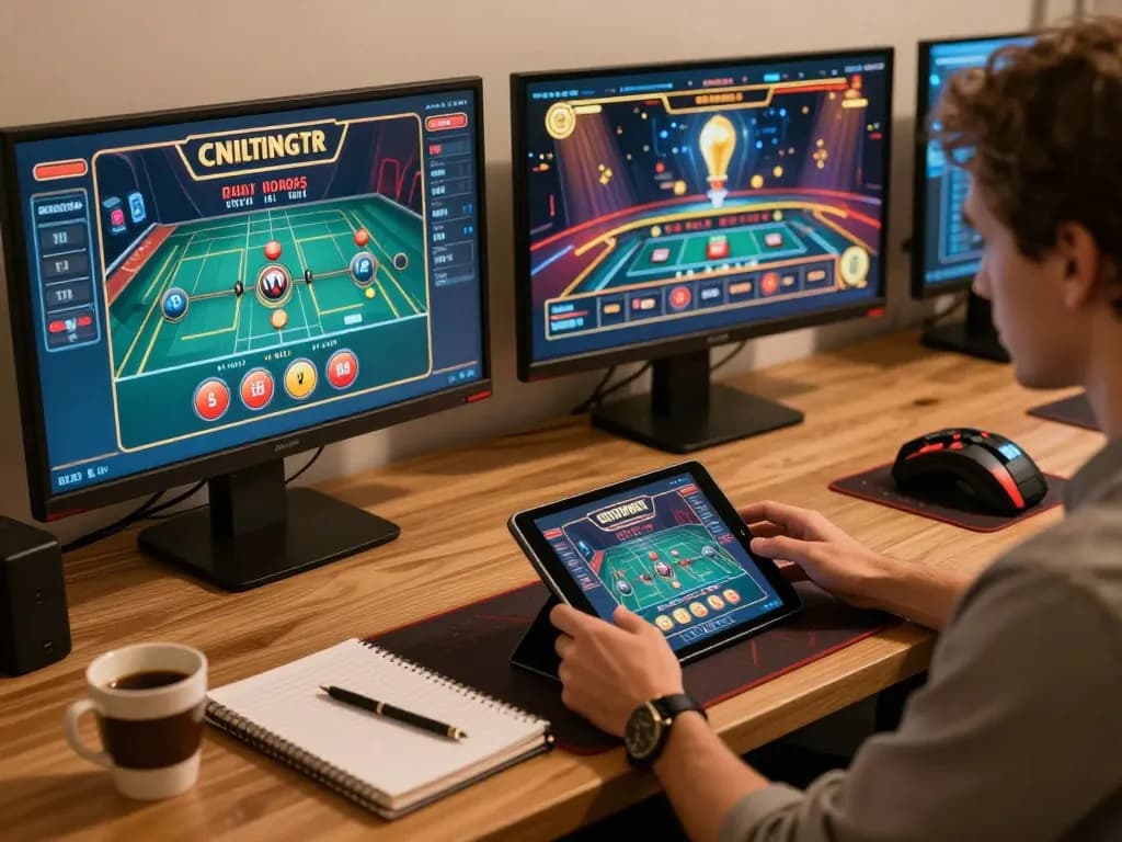 Player analyzing strategy on tablet for O8 com while engaging with online casino games