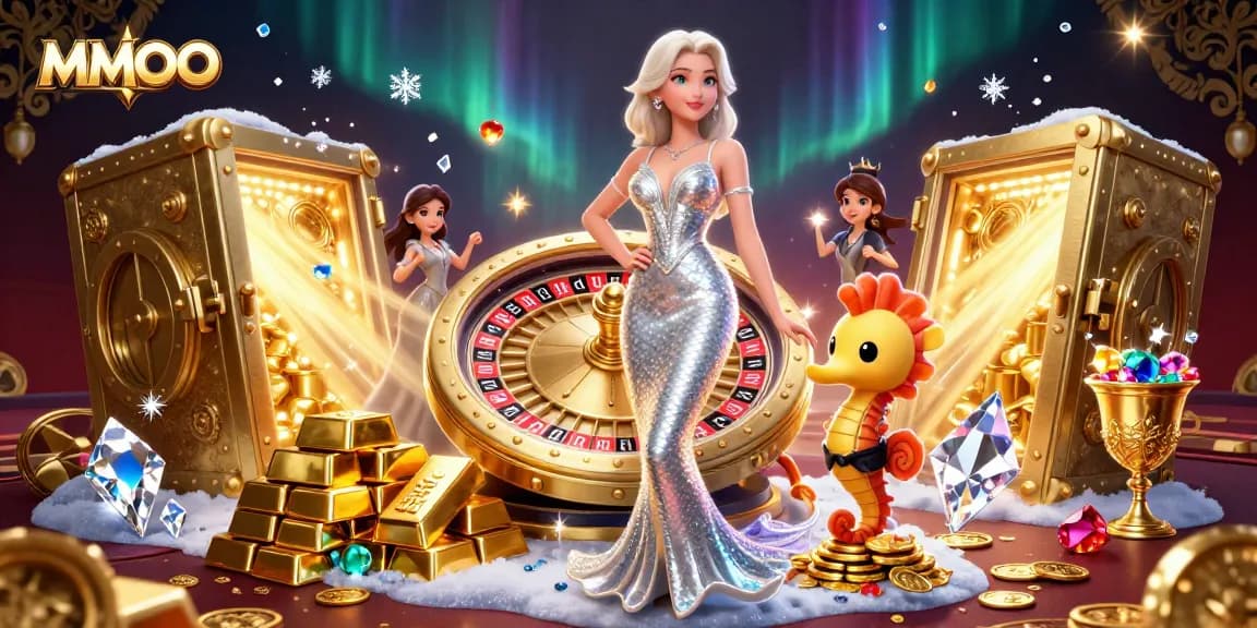 MMOO online casino featuring a glamorous mermaid and seahorse at the roulette wheel amidst treasures.