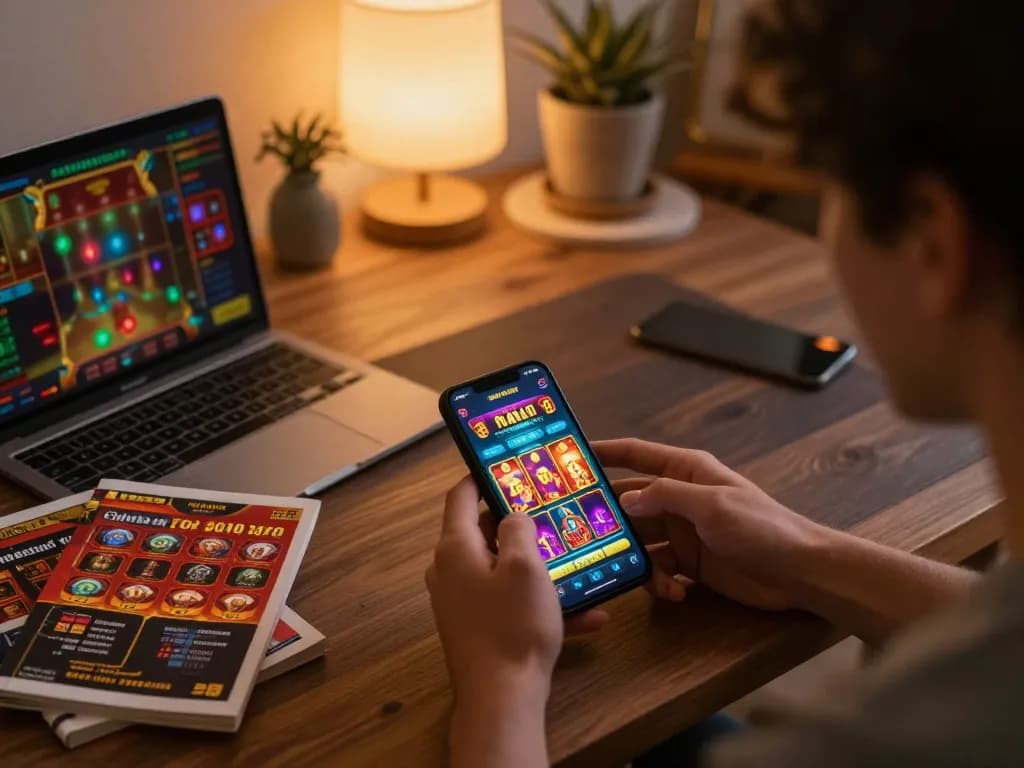 Player enjoying link sungaitoto on mobile app in cozy home setting, showcasing modern online gambling.
