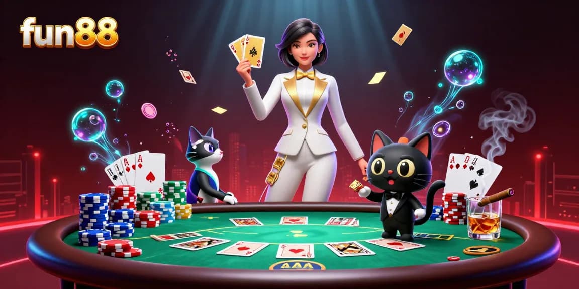 Engage with fun88's glamorous 3D casino scene featuring a stylish dealer and vibrant poker elements.