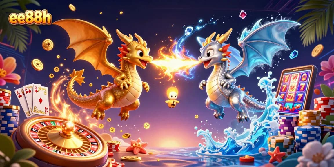 Experience the thrilling essence of ee88h with dynamic dragons representing fiery gaming action amidst casino excitement.