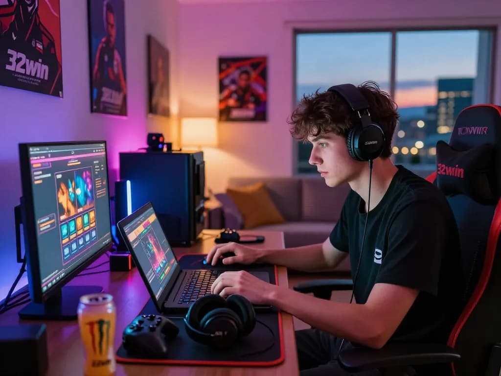 32win online gaming enthusiast engaged in a thrilling betting session in a vibrant living room.