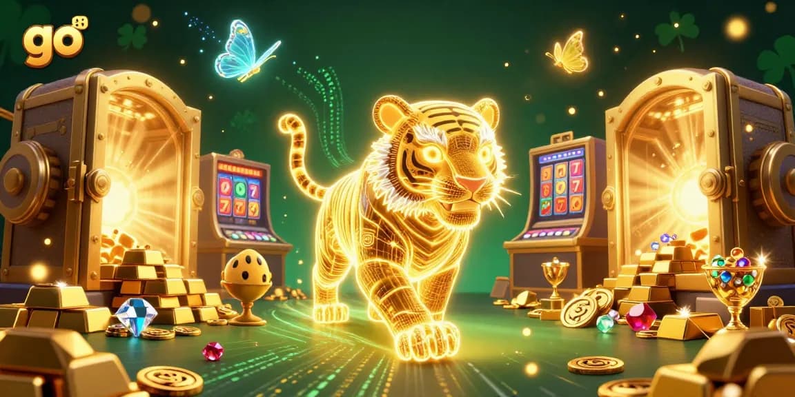 Experience the thrill of go 88 with a vibrant, neon-rendered casino world featuring a golden tiger and plenty of treasures.