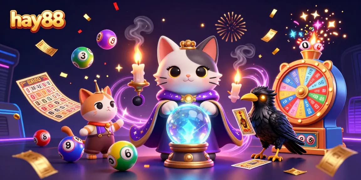 Engage with the vibrant chaos of hay88's casino scene, featuring a mystic cat and dynamic lottery elements.