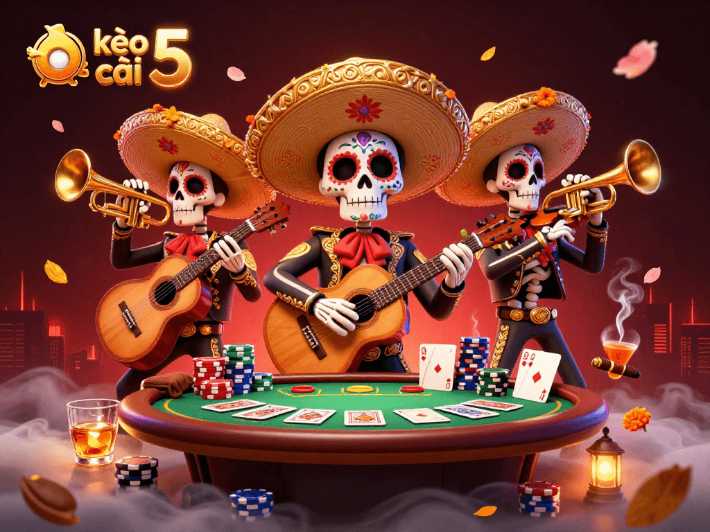 Engage with the vibrant scene of kèo nhà cái 5 featuring a mariachi band and poker elements.