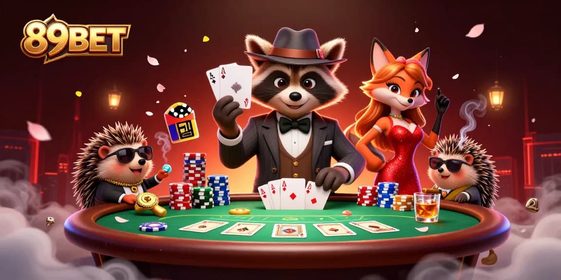 Experience the excitement of 89BET with suave characters at a vibrant poker table in 3D