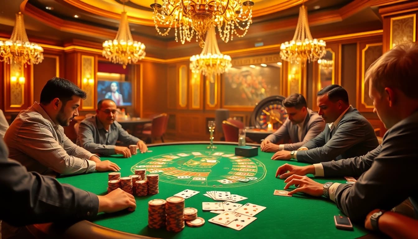 Engaged players at a B52-themed poker table with vibrant chips and cards.
