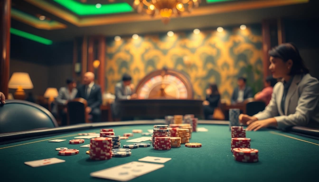 Engage with thrilling casino action at https://win58win.com/ featuring poker tables, roulette, and colorful chips.