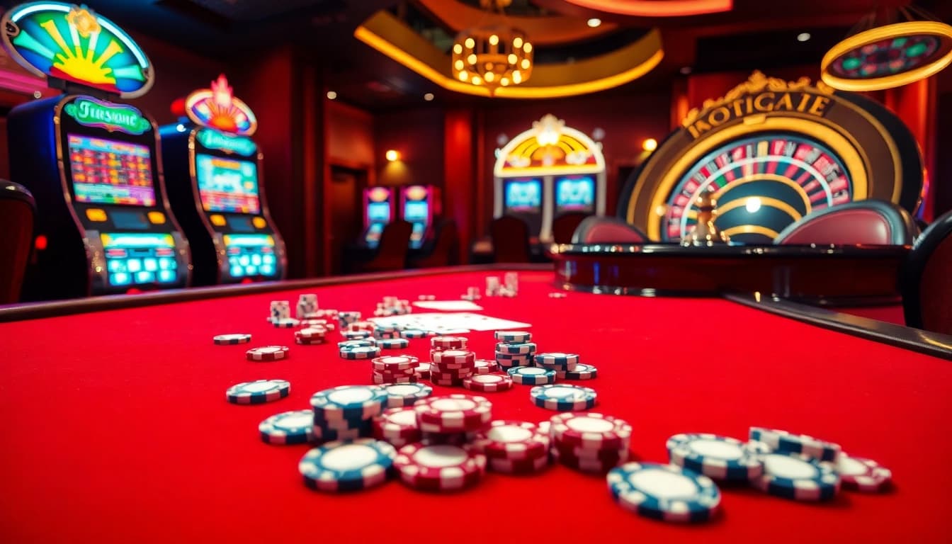 Action-packed xoso66 casino scene illustrating a lively gaming table, roulette wheel, and vibrant slot machines.