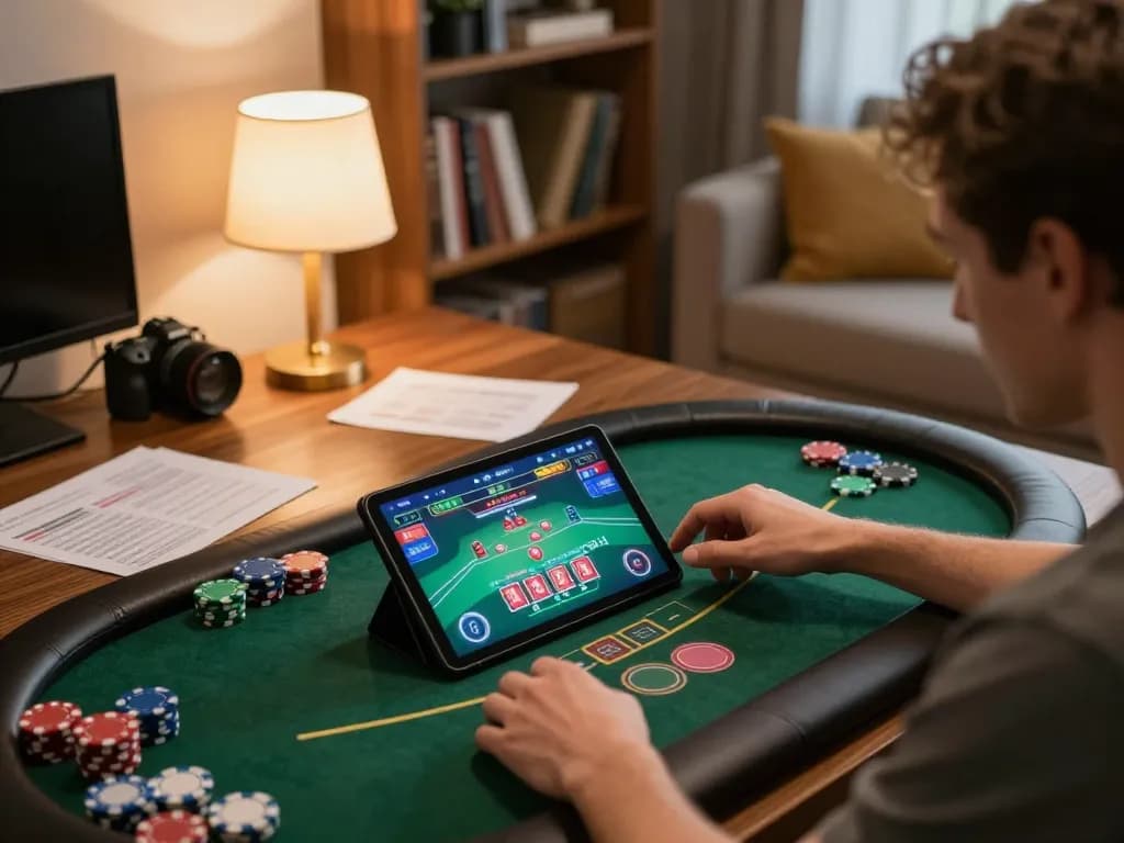 Engaged player strategizing in 13 Win poker game online with tablet and notes