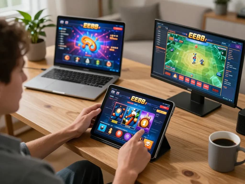 Player engaging with the ee88 mobile app in a cozy home setup, showcasing online gambling.