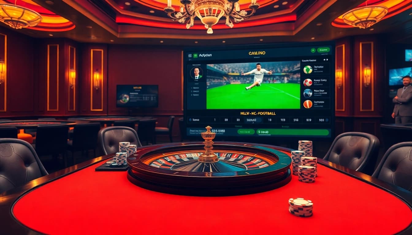 Experience the thrill of online gambling at https://kjc.football/, showcasing luxury casino elements like roulette and poker chips.