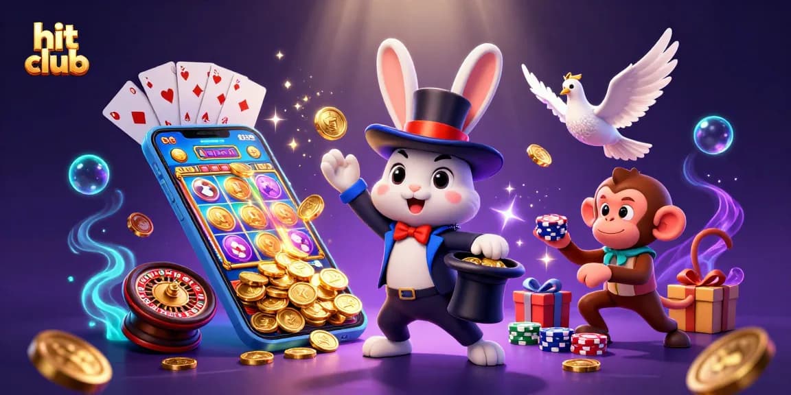 hit club's dynamic 3D illustration showcases a magician rabbit, glamorous dove, and monkey surrounded by casino elements