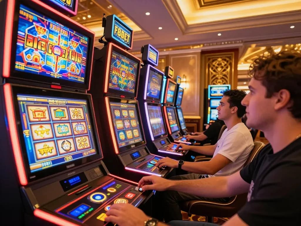 Players enjoying colorful slot machines at f8betz casino, capturing the excitement of modern gaming.