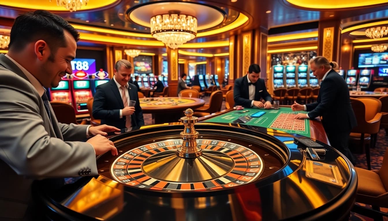 Players enjoy high-stakes gameplay at the luxurious TT88 casino, with vibrant tables and vibrant lights.