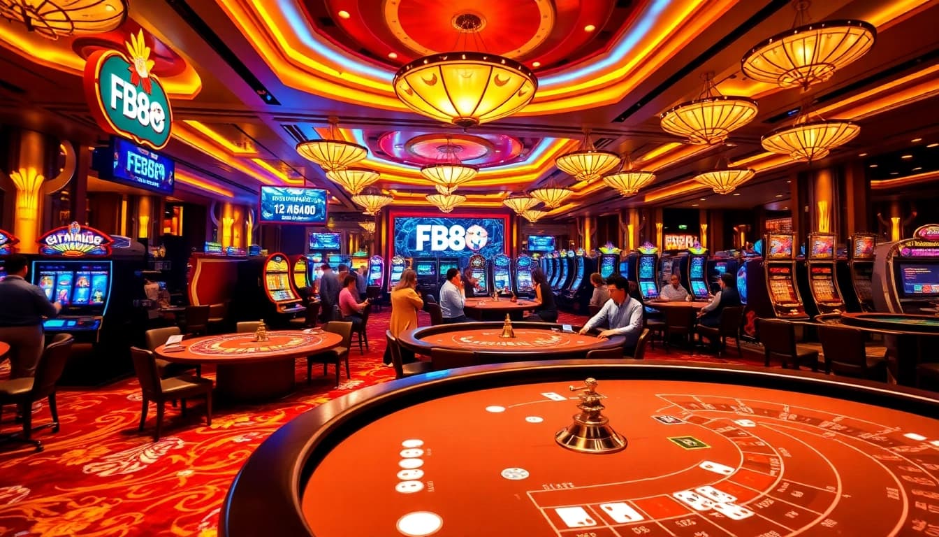 Experience thrilling gaming action at Fb88 with lively casino tables, colorful slot machines, and vibrant players.