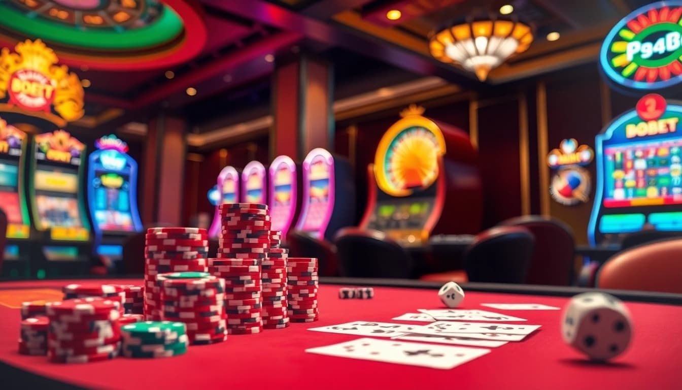 A vibrant casino scene showcasing the 89BET gaming experience with poker chips, cards, and slot machines.