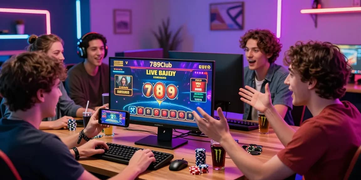 Friends excitedly playing with 789 online games, neon lights, and colorful screens creating a lively atmosphere.