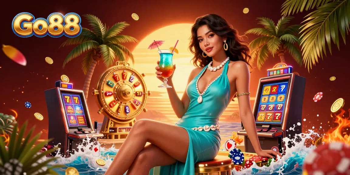 Play exciting casino games at Go88, featuring vibrant slots and tropical elements in a stunning illustration.