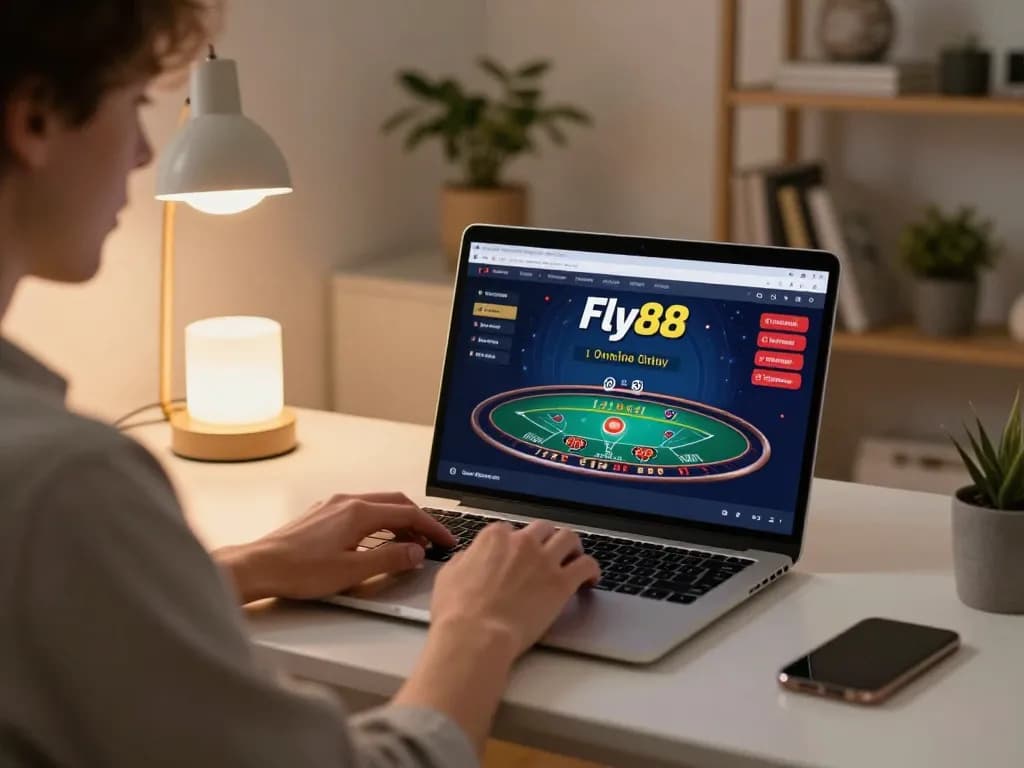 Playing Fly88 online casino live blackjack on a laptop in a cozy home setting.