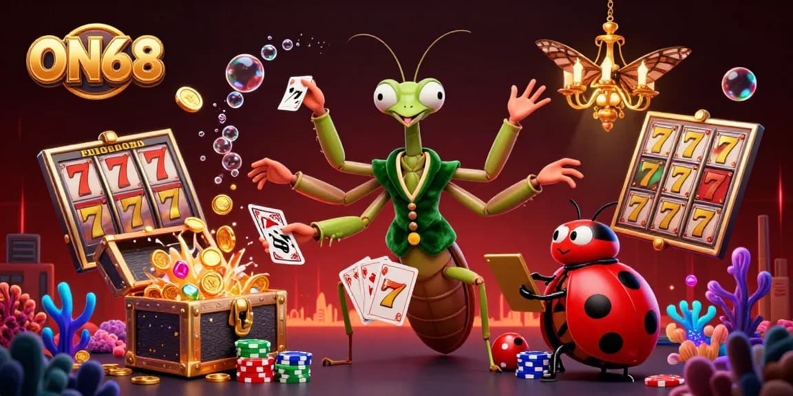 Experience the thrill of ON68 with a vibrant 3D casino scene highlighting cardsharp skills and slot excitement.