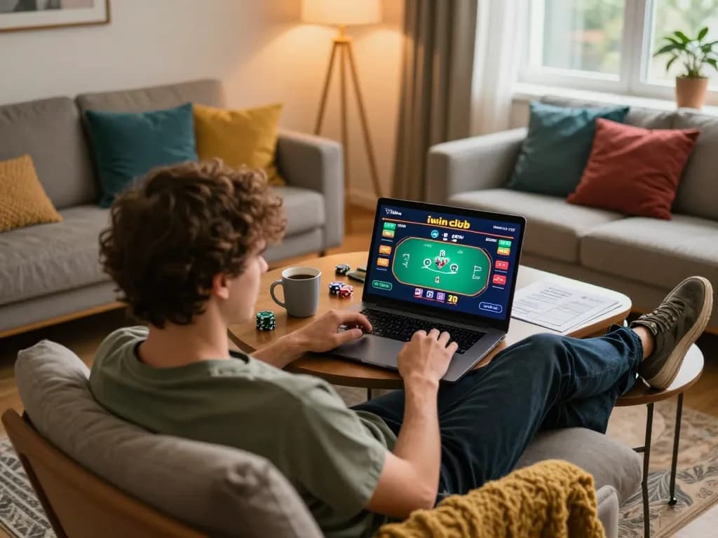 Engaging in iwin club poker online, showcasing a dynamic home gaming setup with strategy notes.
