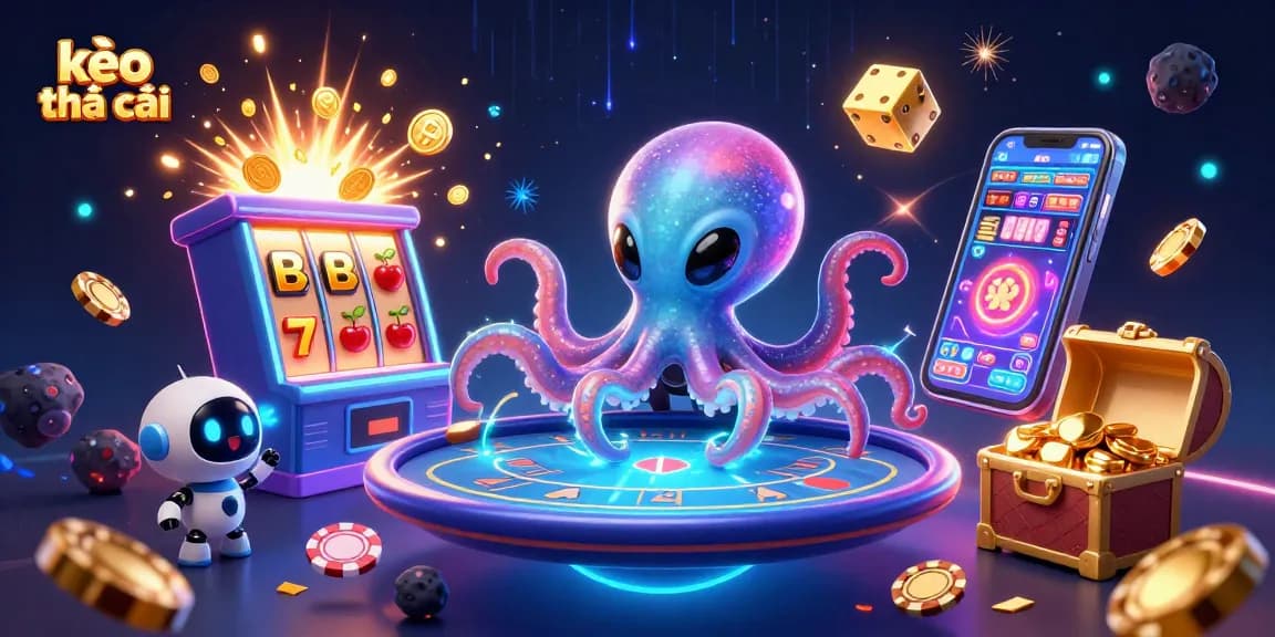 Experience thrilling kèo nhà cái with a vibrant 3D octopus at a holographic poker table.