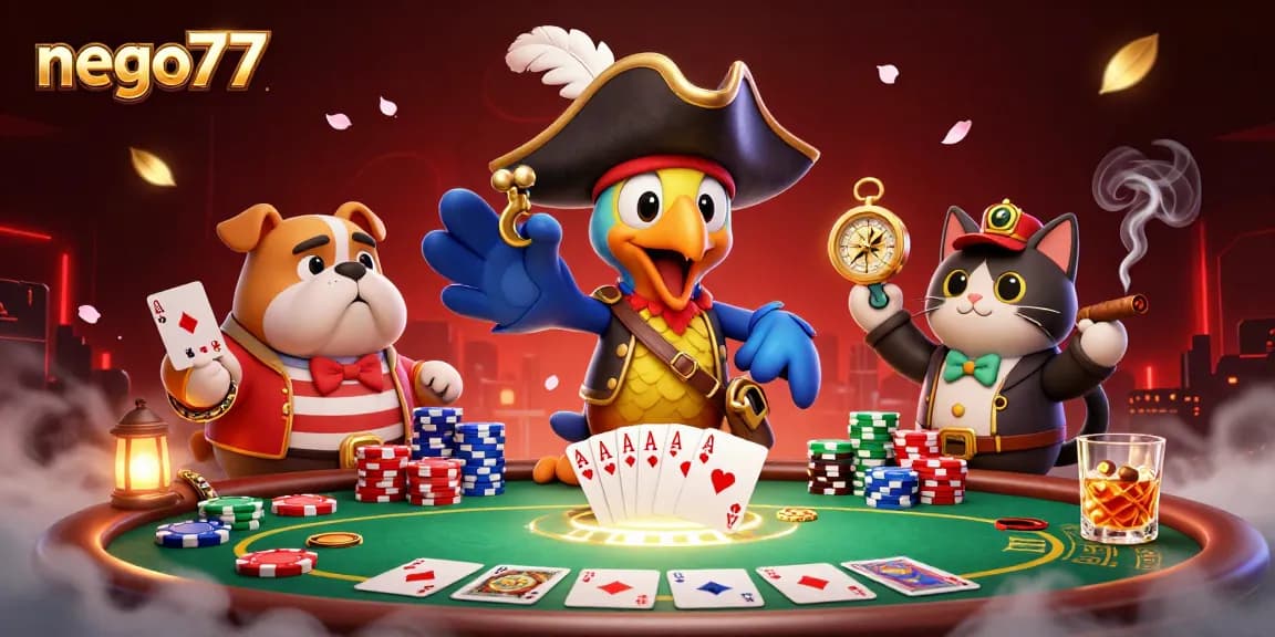 Nego77 online gaming scene featuring vibrant poker chips and characters enjoying a gaming experience.