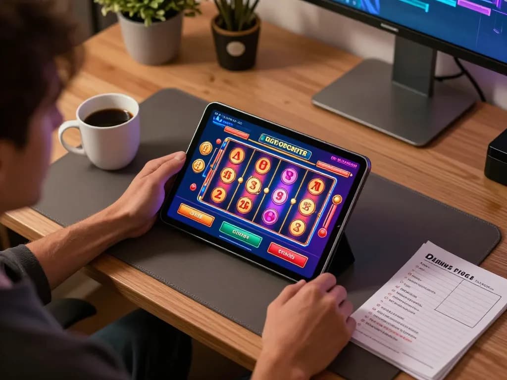 EE88 player engaging with colorful slots on a tablet at home, showcasing strategic gaming.