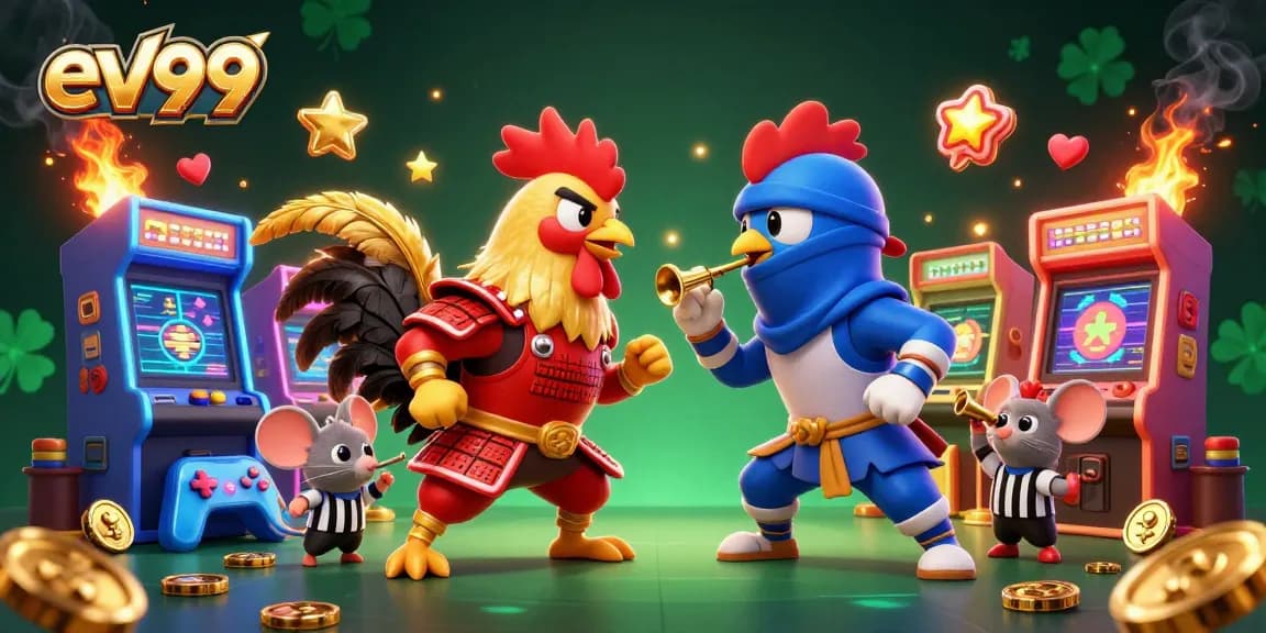 ev99 roosters in an epic standoff surrounded by dynamic gaming elements creating excitement