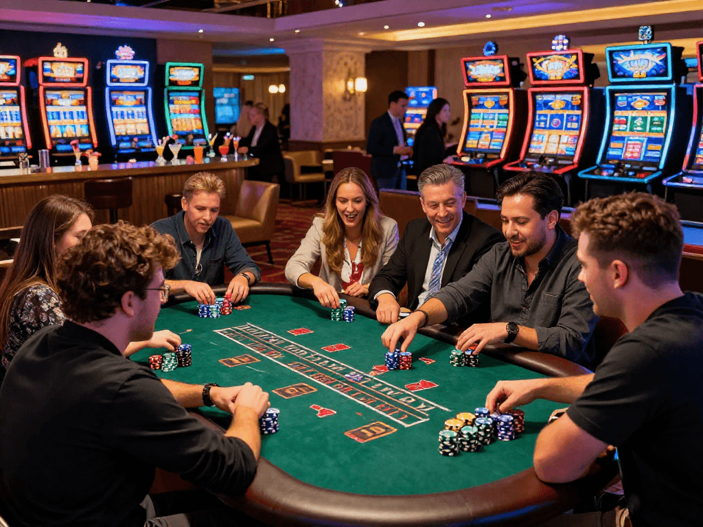 Casino non UK players enjoying a lively blackjack game in a vibrant upscale casino atmosphere.