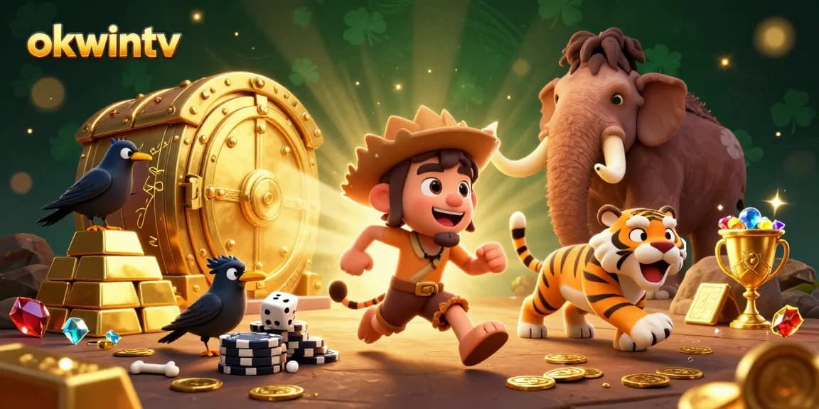Calculate your bets expertly at OKWINTV’s prehistoric casino with cave characters in a vibrant scene.